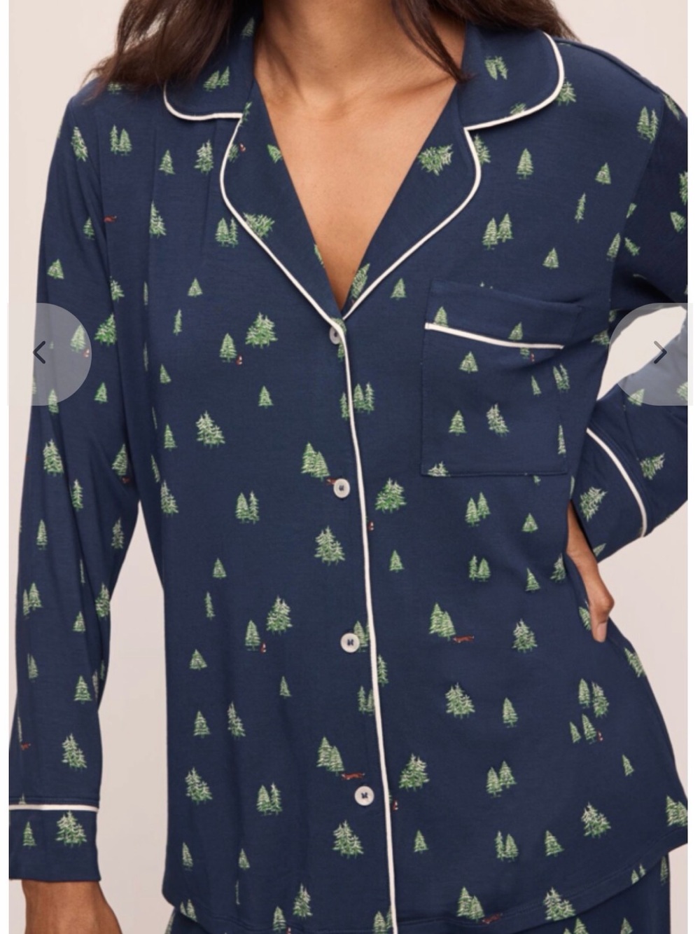 Eberjey Gisele Woodland Pine Navy Ivory Pajama Set M Tencel Modal Christmas - Picture 3 of 10